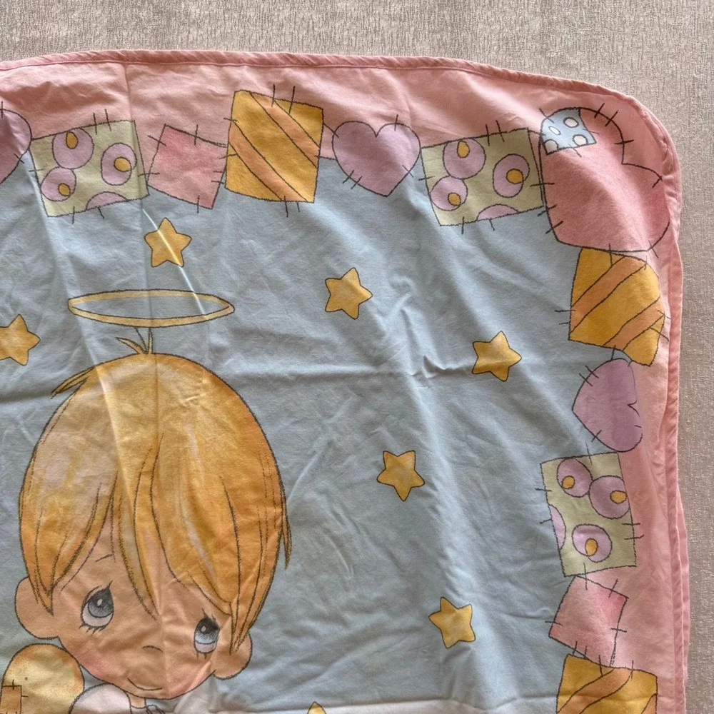 Vintage Precious Moments Baby Blanket 42x31 Pink Blue Stars Angel Boy